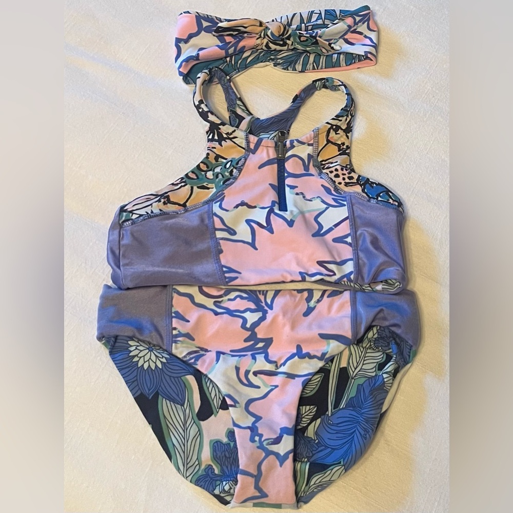 Maaji Floral Two-Piece reversible Swim Set in Blue and Pink with headband